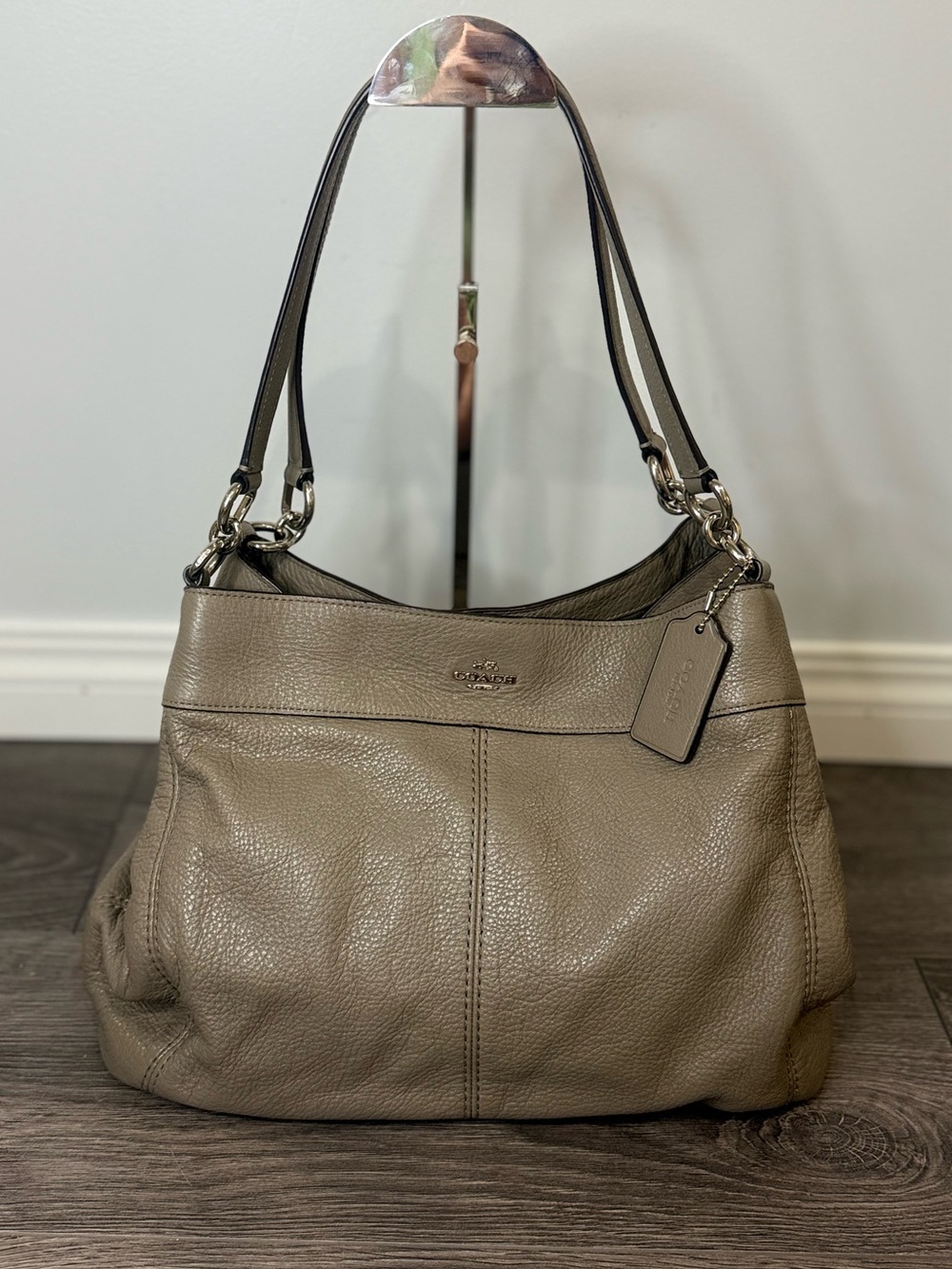 🩶Coach Lexy Pebble Leather Shoulder Bag Taupe Gray Hobo Purse 2017 F27593